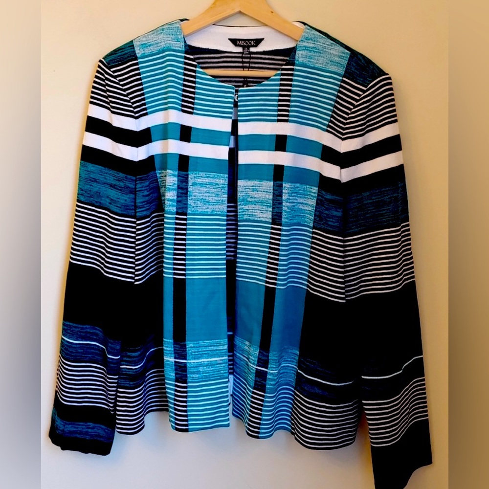 Misook Cardigan blue, black & white, acrylic knit with shoulder pads
